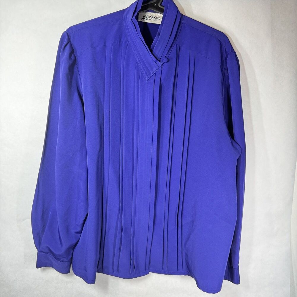 VTG Yves St Clair Pleated Blouse Womens 18 Purple Long Sleeve Button Front Drape